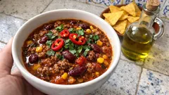 Chili com carne picada bem apurado e rápido — perfeito para servir com nachos ou arroz