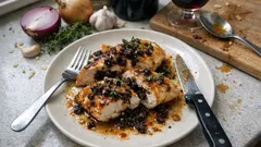 Peito de frango recheado com morcela e tomilho — suculento e com molho rápido