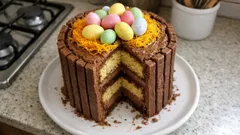 Bolo de Páscoa alto e fofo, recheado com creme de cacau e decoração festiva