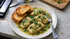 Corvina à alentejana com molho cremoso de alho e coentros (com pão torrado)
