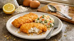 Filetes de pescada em polme com salada russa: um clássico rápido e sempre crocante