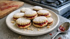Bolachas recheadas com doce de morango — douradinhas, macias e fáceis para o lanche