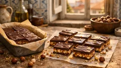 Barras crocantes de cornflakes com caramelo e chocolate, sem forno
