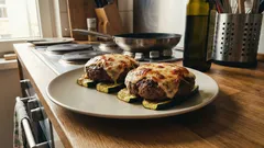 Hambúrgueres gratinados no forno com chips de curgete — fácil, suculento e pronto em 30 min