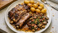 Vitela de Páscoa no forno com batatinhas: marinada de vinho branco para ficar bem tenra