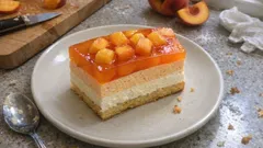 Semifrio de pêssego com gelatina: camadas cremosas e um corte mesmo bonito