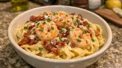 Fetuccine Alfredo com camarão e bacon: cremoso, rápido e com sabor de restaurante