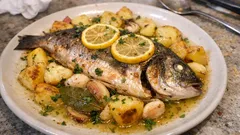 Dourada no forno com batatas douradas — simples, suculenta e com molho de vinho branco