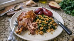 Perna de peru no forno com migas de broa e peras bêbedas para um almoço especial