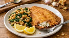 Solha frita douradinha com migas de broa, grelos e feijão-frade — receita à portuguesa