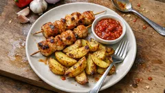 Espetadas de frango no forno com batatas assadas e molho de tomate picante