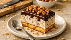 Bolo gelado crocante de noz e laranja com cobertura de chocolate e caramelo