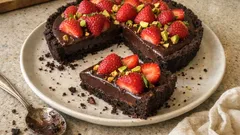 Tarte fria de morangos e chocolate: base crocante e ganache cremosa, sem ligar o forno