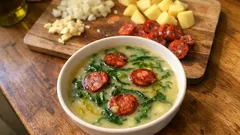 Caldo-verde com chouriço: cremoso, com couve fininha e pronto sem complicações