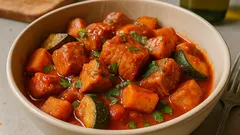 Carne de porco aos quadrados com tomatada e curgete: almoço caseiro que sai sempre bem