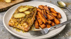 Salmão no forno com palitos de batata-doce: jantar simples e completo num só tabuleiro