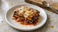 Beringelas à parmegiana no forno: camadas bem definidas e topo gratinado