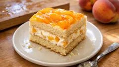 Bolo gelado de pêssego em camadas: cremoso, fresco e perfeito para fazer de véspera