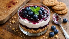 Mousse de iogurte com mirtilos e bolacha de aveia: sobremesa fresca em camadas