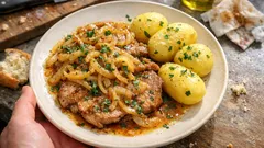 Iscas com elas à portuguesa: marinada de vinagre e cebolada dourada na frigideira