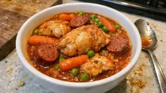 Frango guisado com ervilhas e cenouras: molho apurado e sabor de comida caseira