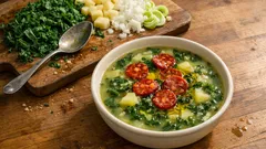 Sopa rústica de couve com batata e chouriço: cremosa, simples e sempre reconfortante