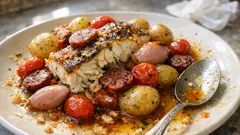 Corvina assada com batatinhas e chouriço: receita fácil num só tabuleiro