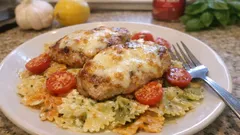 Bifinhos de porco com natas e farfalle no forno: cremosos e bem gratinados