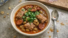 Favas à portuguesa com entrecosto e chouriço: guisado de tacho com molho apurado