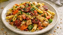 Massa com todos no tacho: penne com frango, bacon, chouriço e legumes
