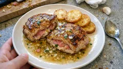 Costeletas recheadas com fiambre — douradas na frigideira e molho de vinho branco