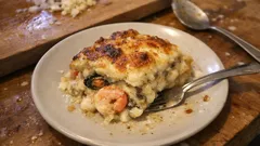 Lasanha de marisco cremosa com vinho branco e gratinado dourado — fácil de montar