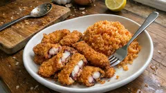 Filetes de polvo crocantes com arroz de forno: aproveite a água da cozedura