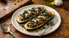 Curgete recheada com arroz selvagem no forno: leve, saciante e com toque de parmesão