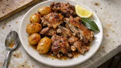 Cabrito dourado no forno com batatinhas: marinada de pimentão e limão