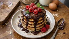 Panquecas de aveia fofas com ganache de chocolate negro — prontas em poucos minutos