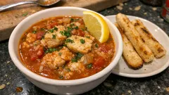 Tamboril estufado com molho de tomate e pão torrado: simples e bem suculento