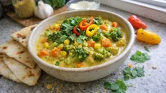 Estufado cremoso de legumes com naan: caril suave e jantar pronto em 30 minutos