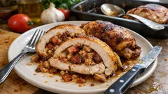 Frango recheado com enchidos no forno: pele dourada e recheio bem húmido