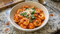 Tortellini de carne com molho de tomate aveludado — simples, aromático e com parmesão