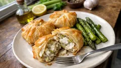 Trouxas de bacalhau em massa filo com aipo e espargos — estaladiças e cremosas