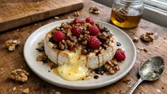 Brie no forno com framboesas e nozes: uma entrada rápida para servir bem quente